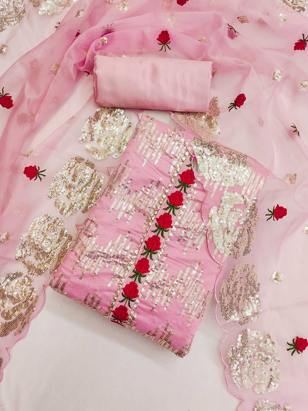 

KALINI Floral Embroidered Sequinned Chanderi Silk Unstitched Dress Material, Pink
