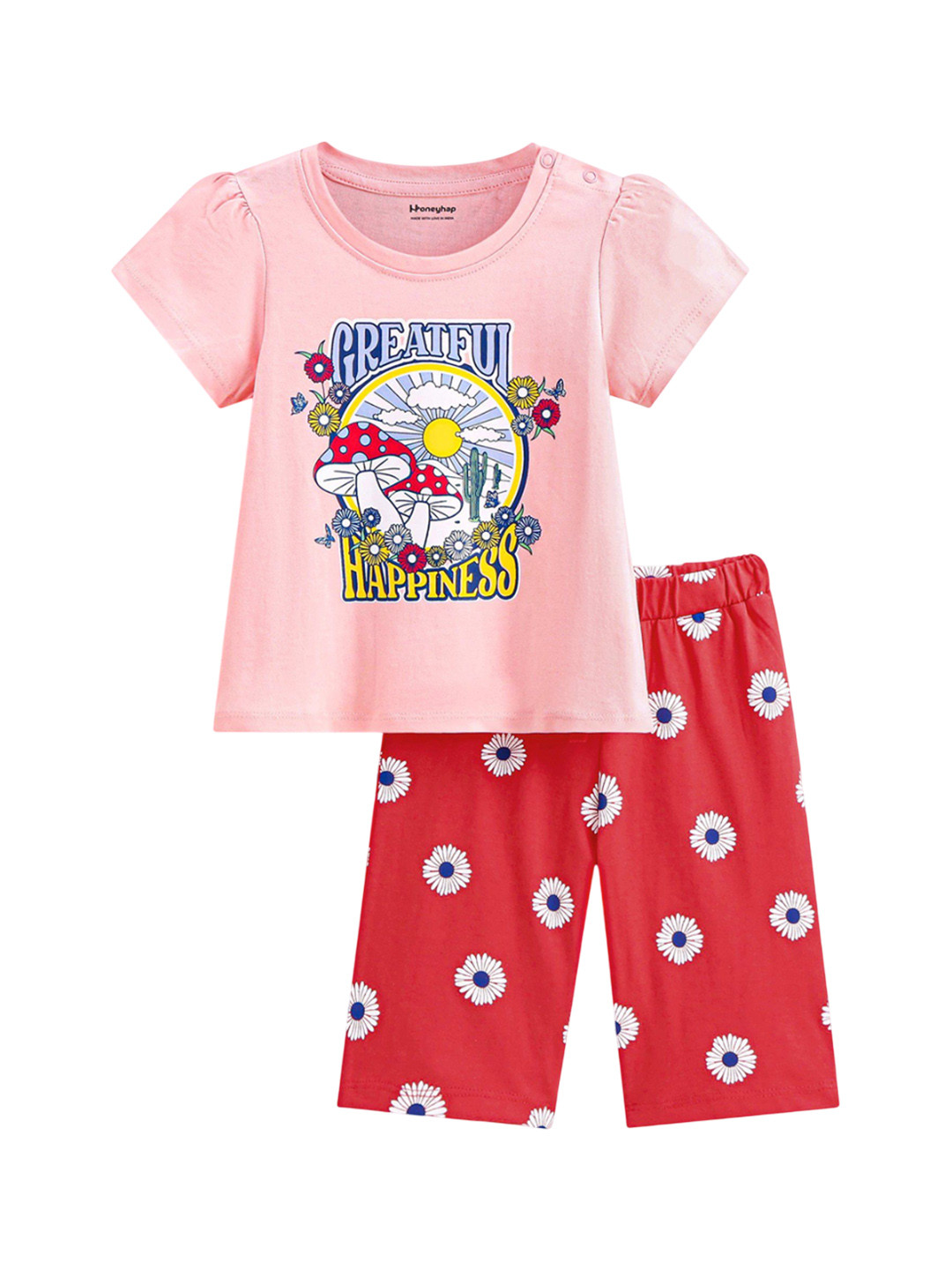 

Honeyhap Girls Printed Night suit, Red