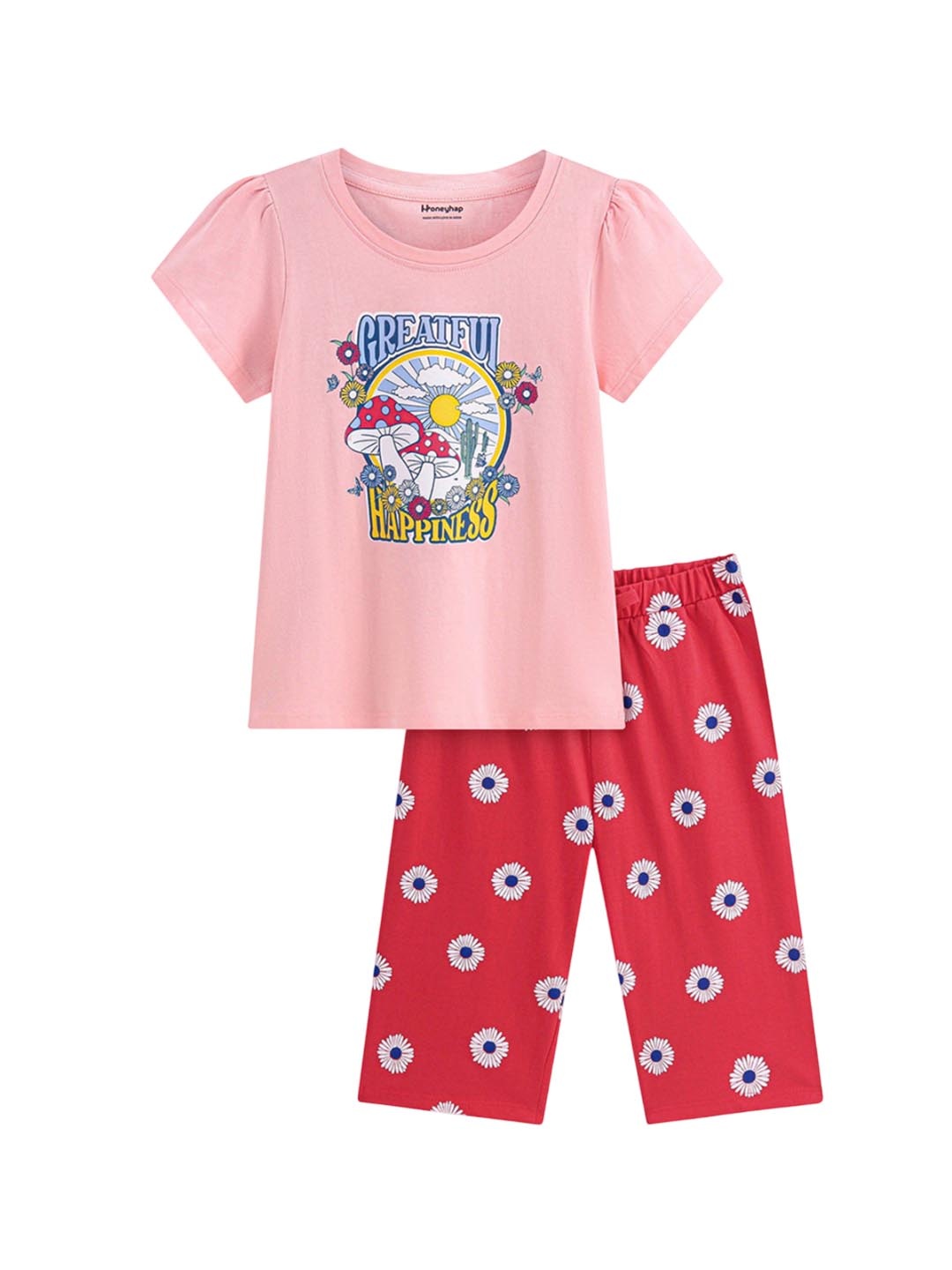 

Honeyhap Girls Printed Night suit, Red