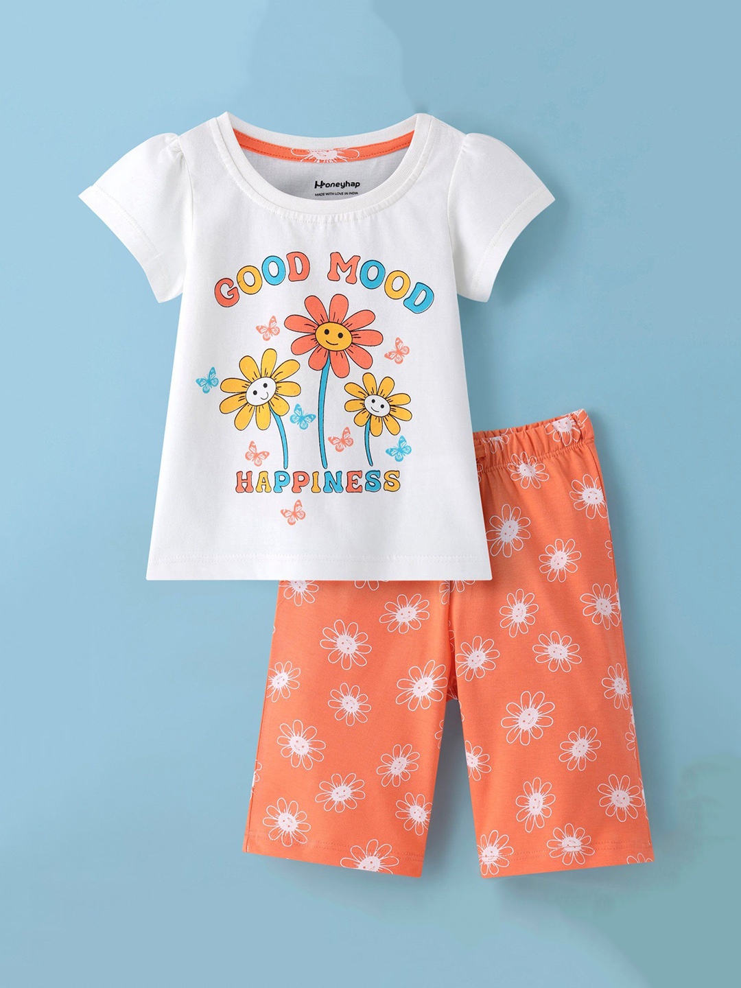 

Honeyhap Girls Printed Night suit, White