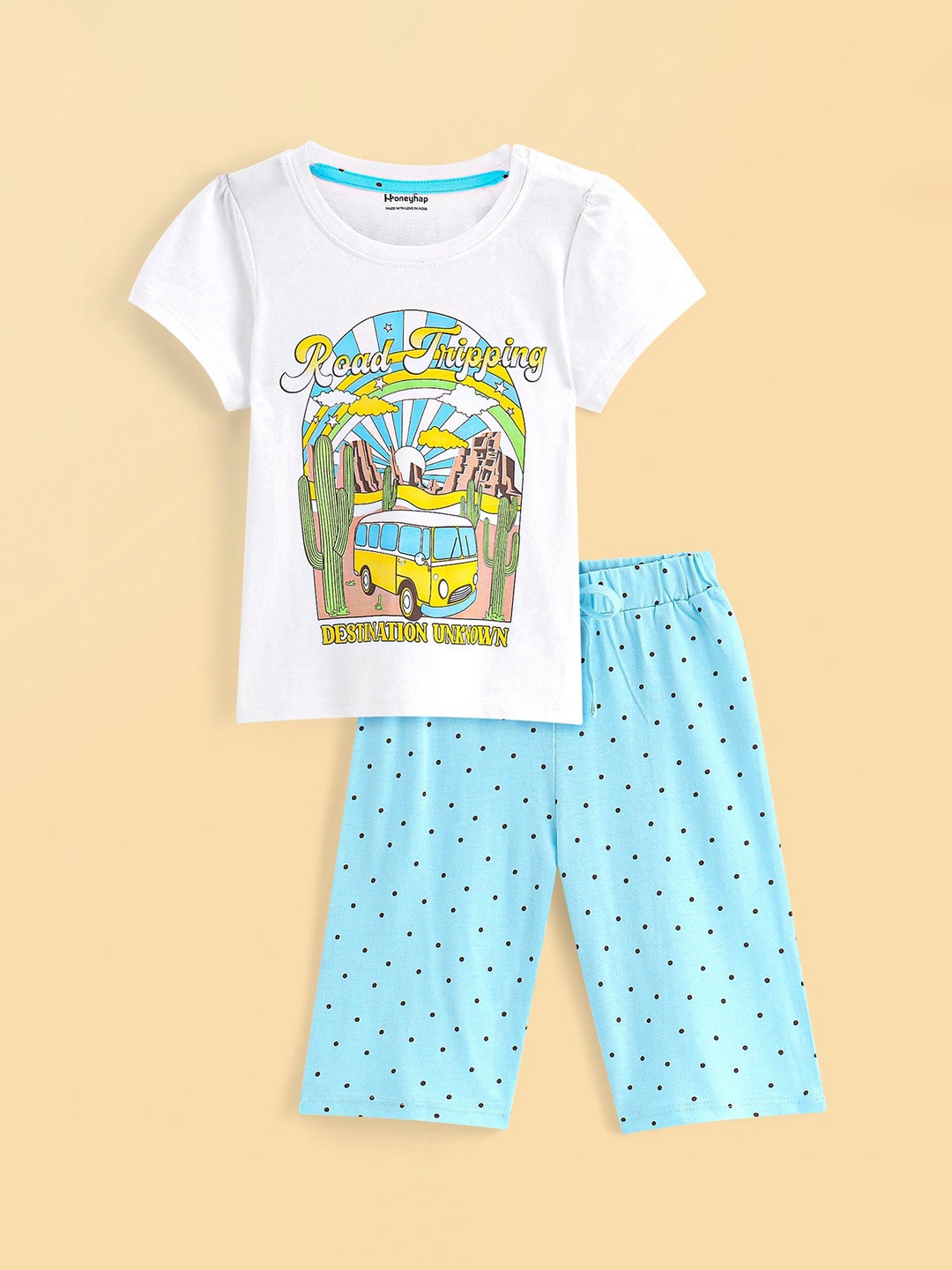

Honeyhap Girls Printed Night suit, White