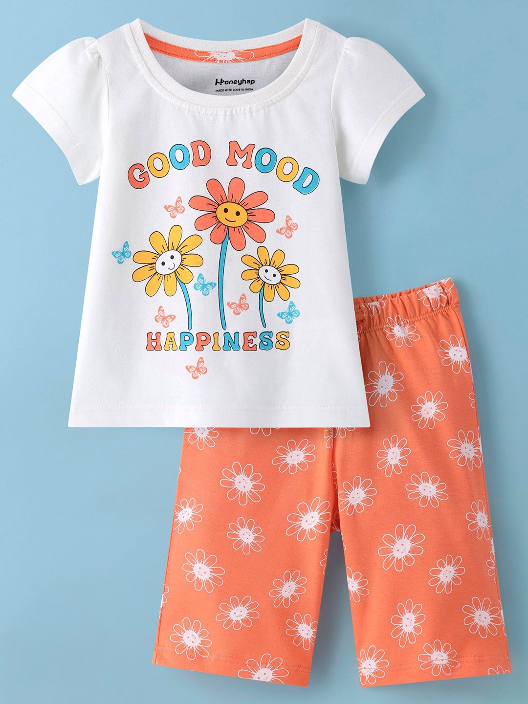 

Honeyhap Girls Printed Night suit, White
