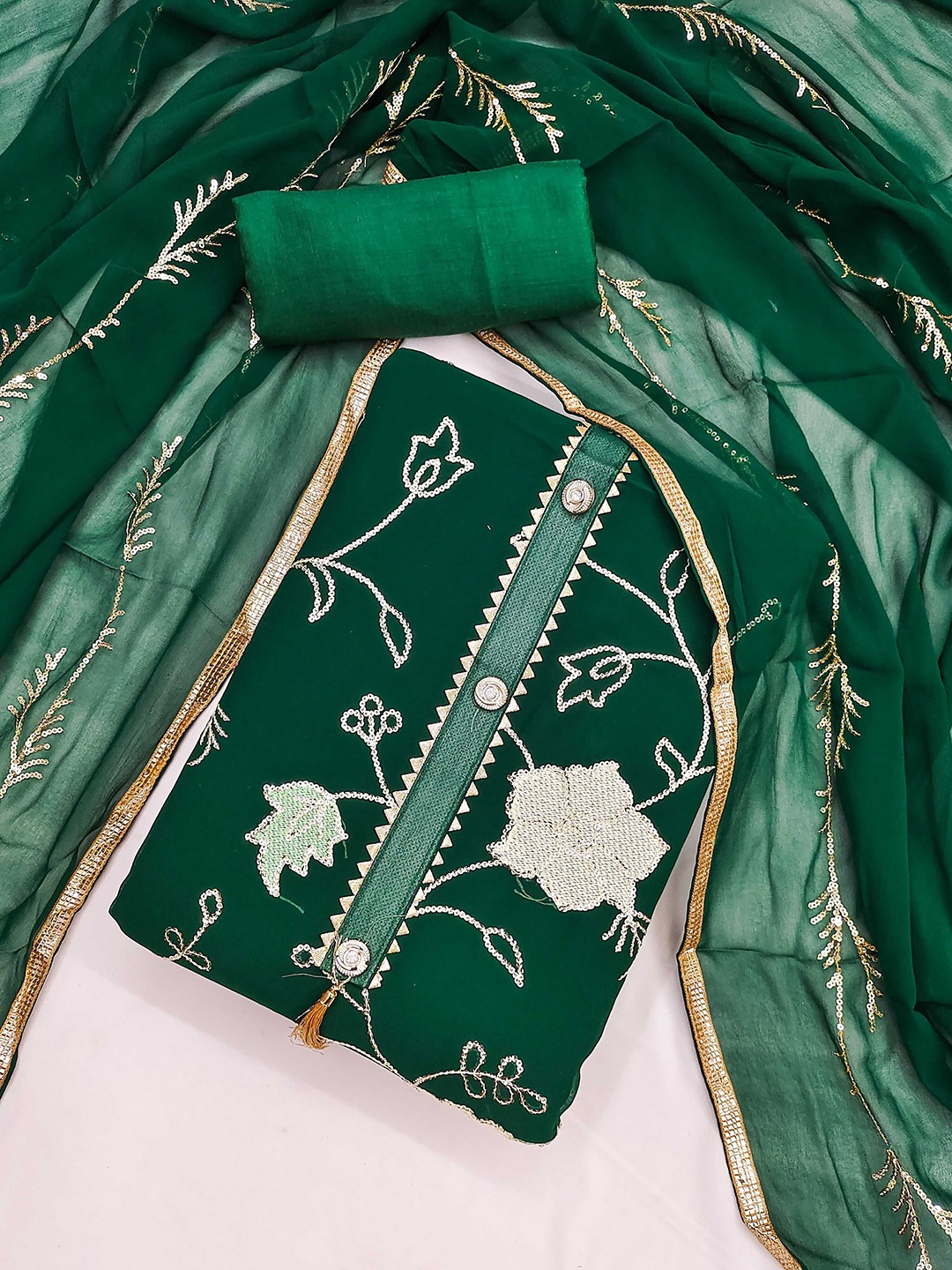 

KALINI Floral Embroidered Sequinned Georgette Unstitched Dress Material, Green