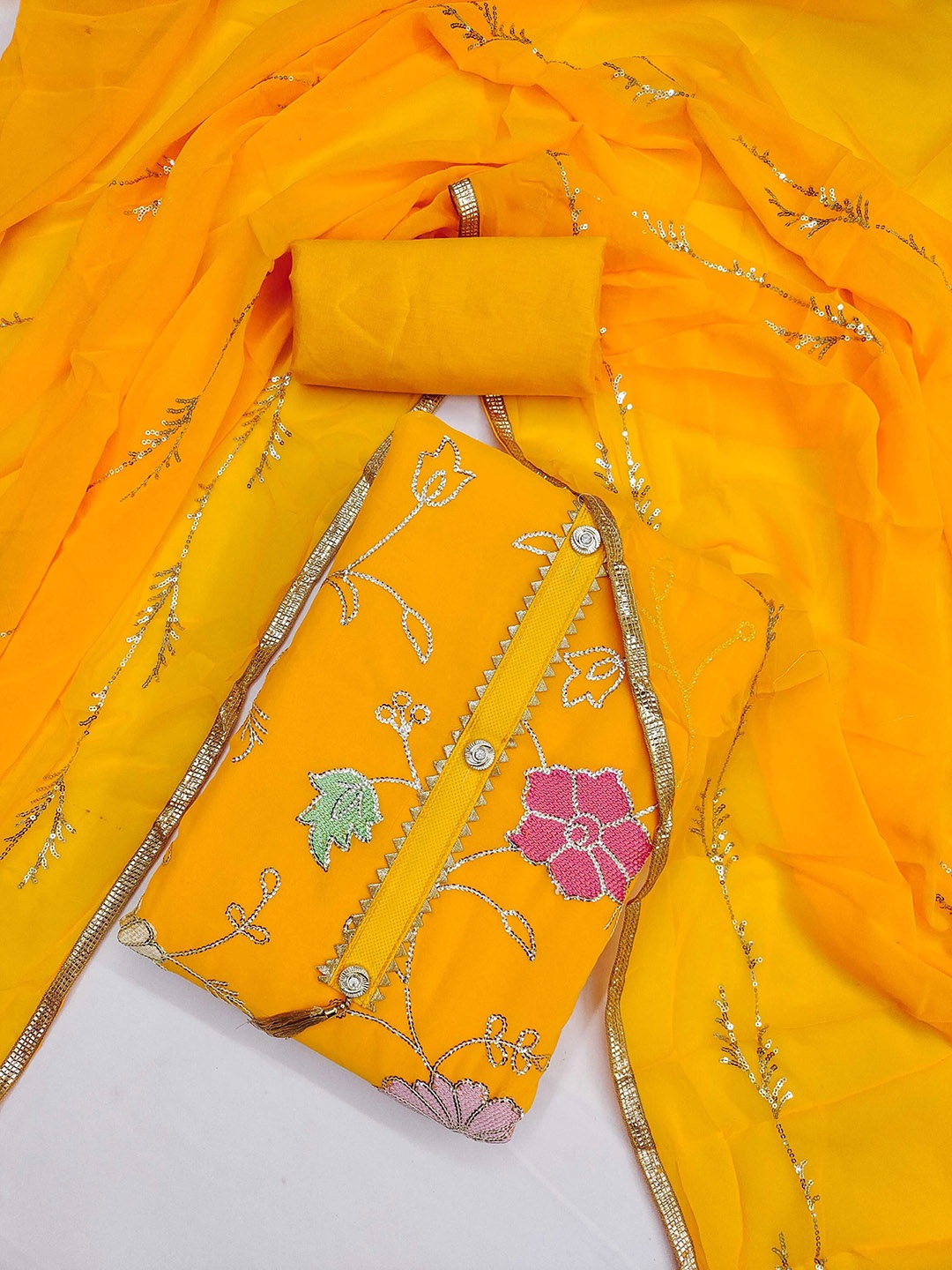 

KALINI Floral Embroidered Sequinned Georgette Unstitched Dress Material, Orange