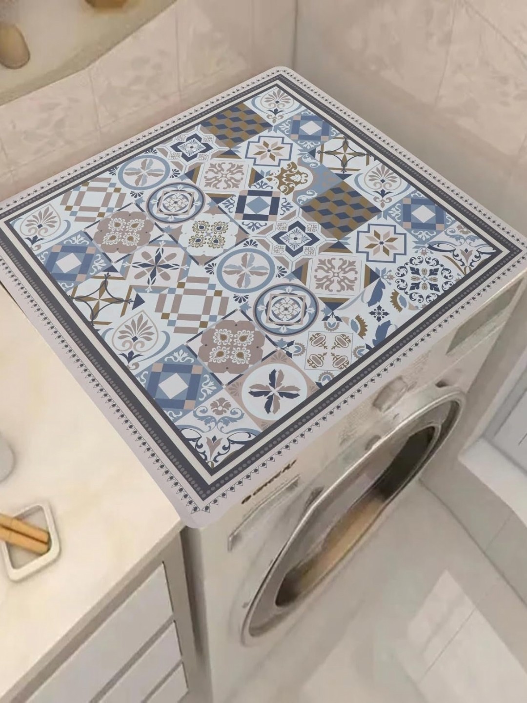 

HomeCloud Beige & Blue Ethnic Motifs Printed Non-Slip Washing Machine Top Protector Mat