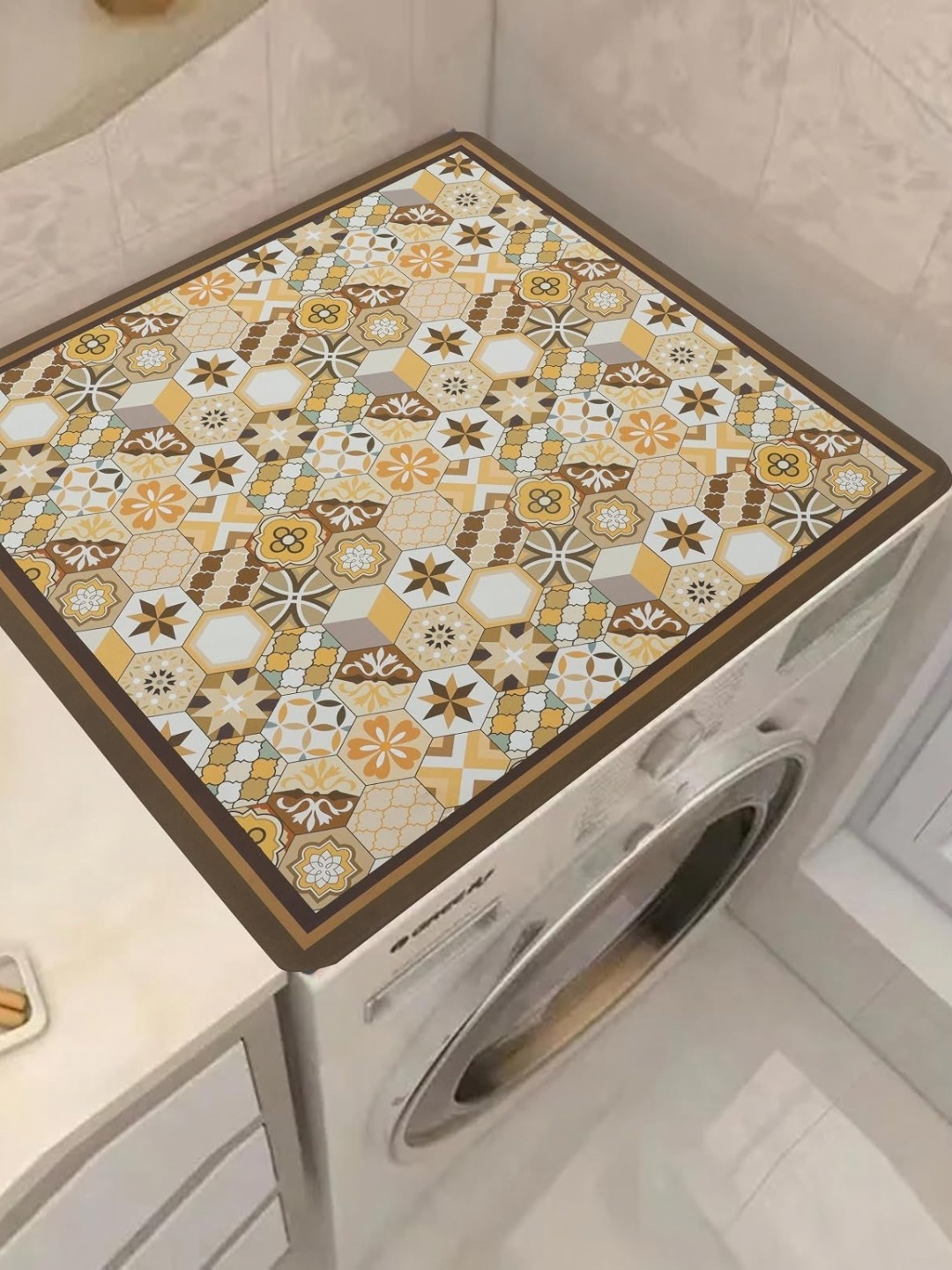 

HomeCloud Yellow & Brown Floral Printed Non-Slip Washing Machine Top Protector Mat