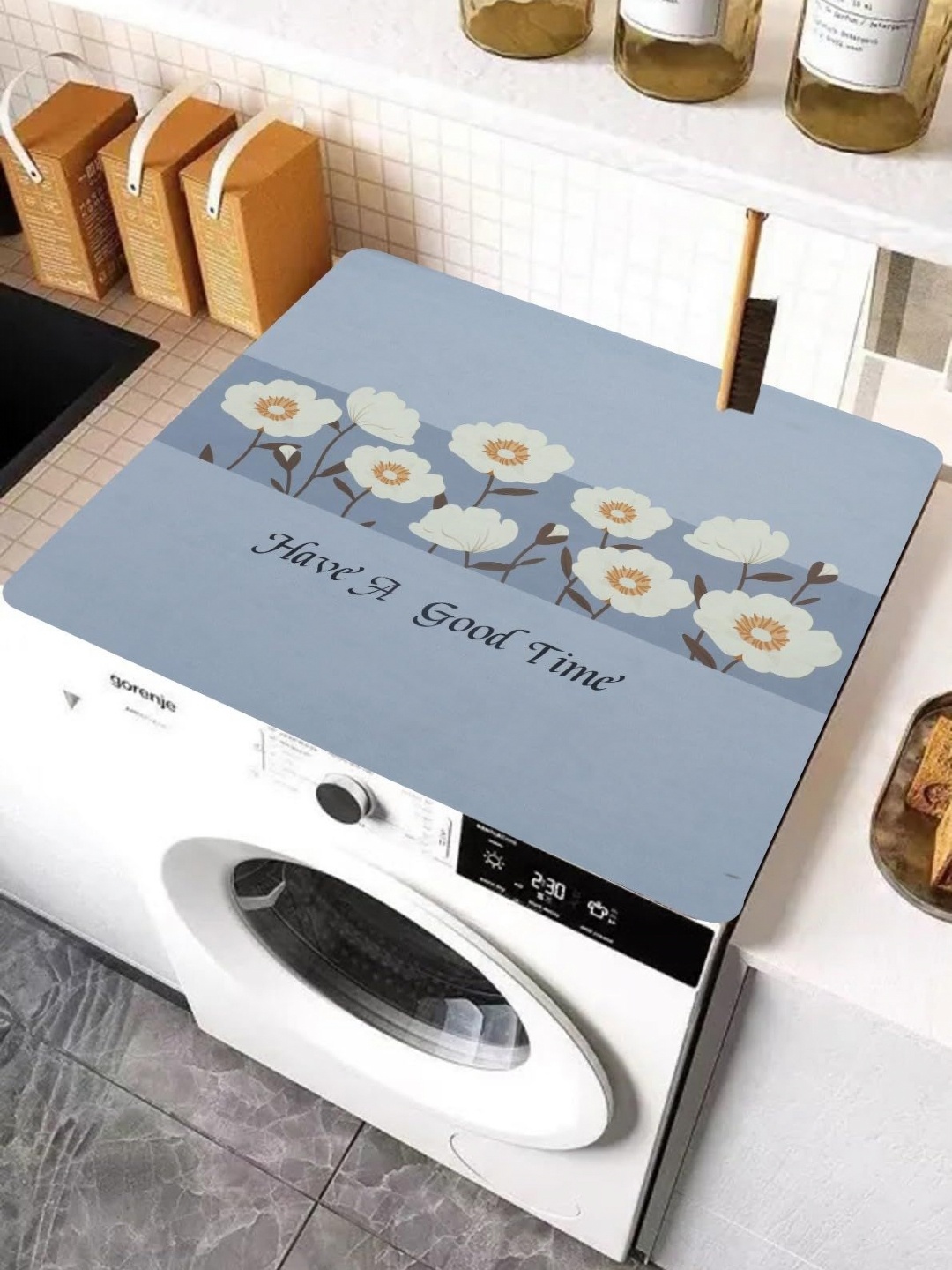 

HomeCloud Grey & White Floral Printed Non-Slip Washing Machine Top Protector Mat