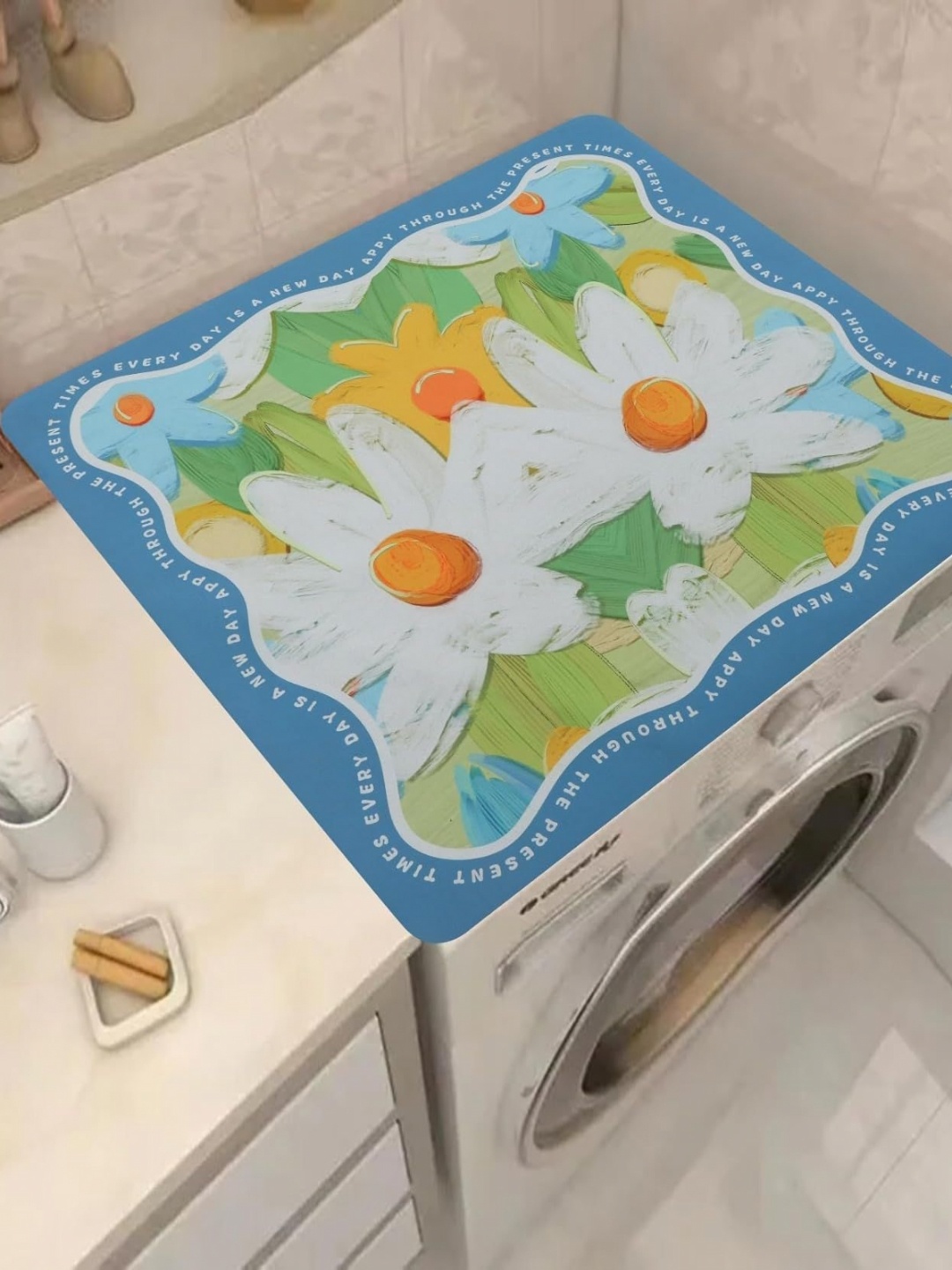 

HomeCloud Blue & White Floral Printed Non-Slip Washing Machine Top Protector Mat