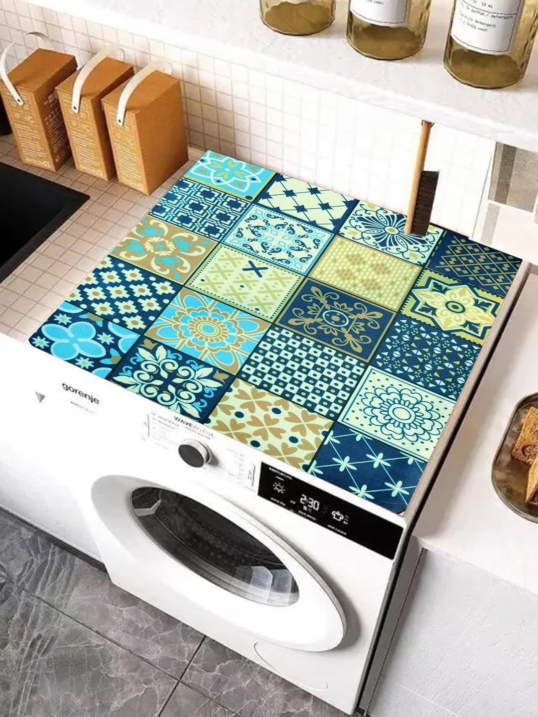 

HomeCloud Blue & Yellow Ethnic Motifs Printed Non-Slip Washing Machine Top Protector Mat