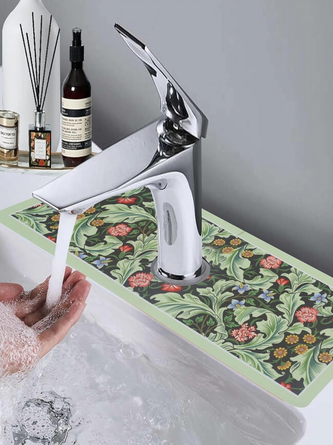 

HomeCloud Olive-Green & Red 2 Pieces Floral Printed Silicone Faucet Water Catcher Mats