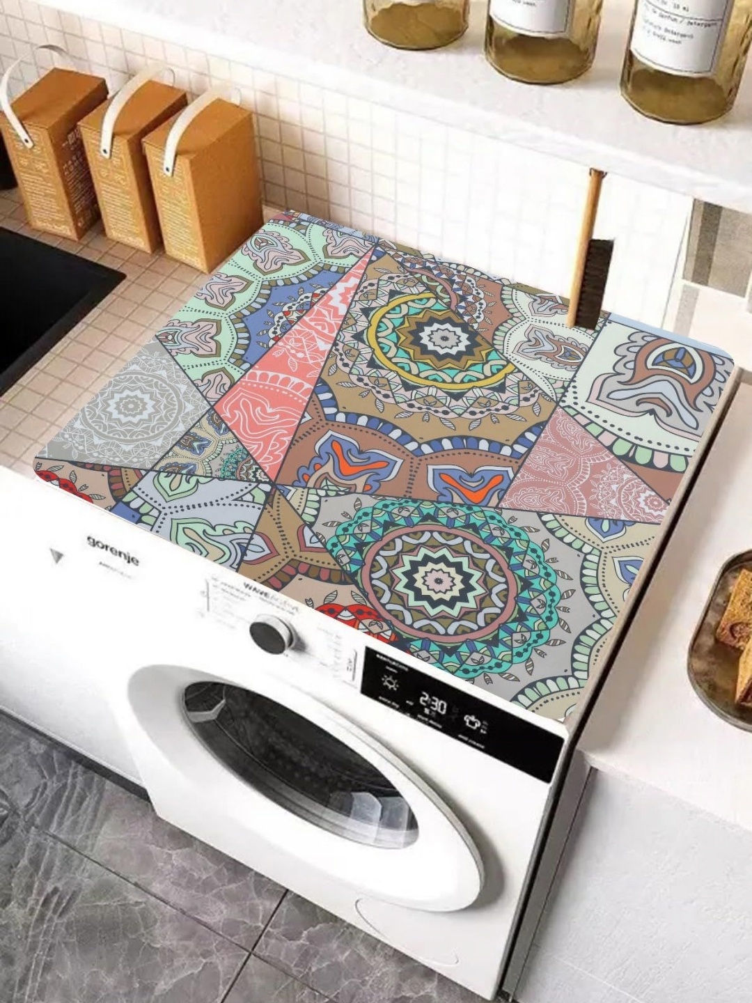 

HomeCloud Grey & Pink Ethnic Motifs Printed Non-Slip Washing Machine Top Protector Mat