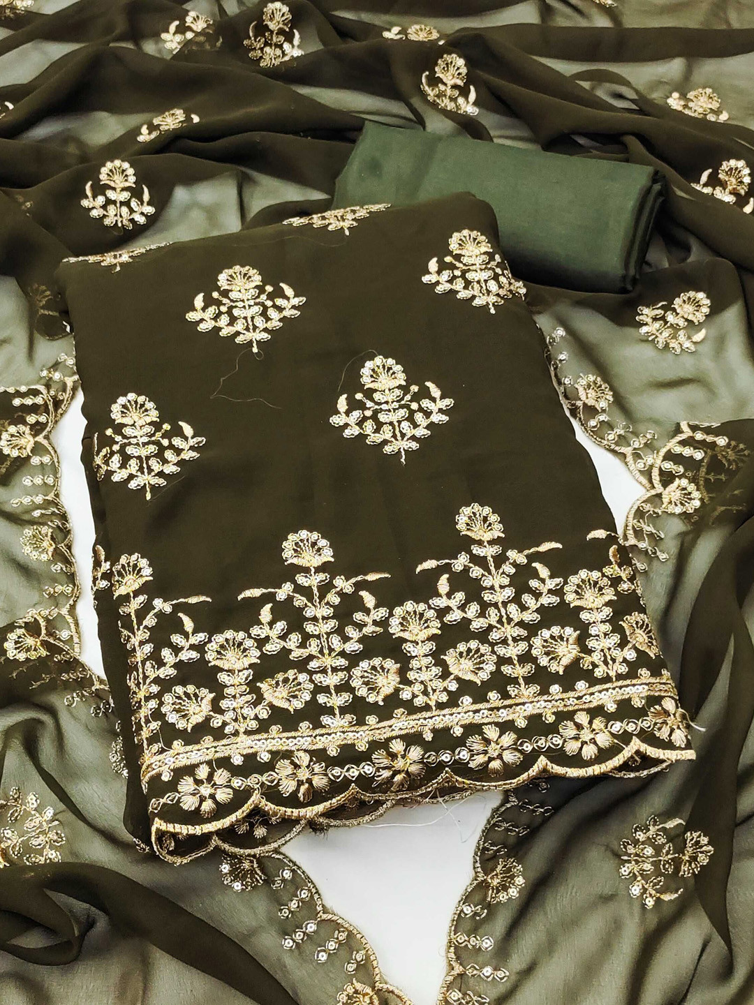 

Panzora Floral Embroidered Sequinned Georgette Unstitched Dress Material, Green
