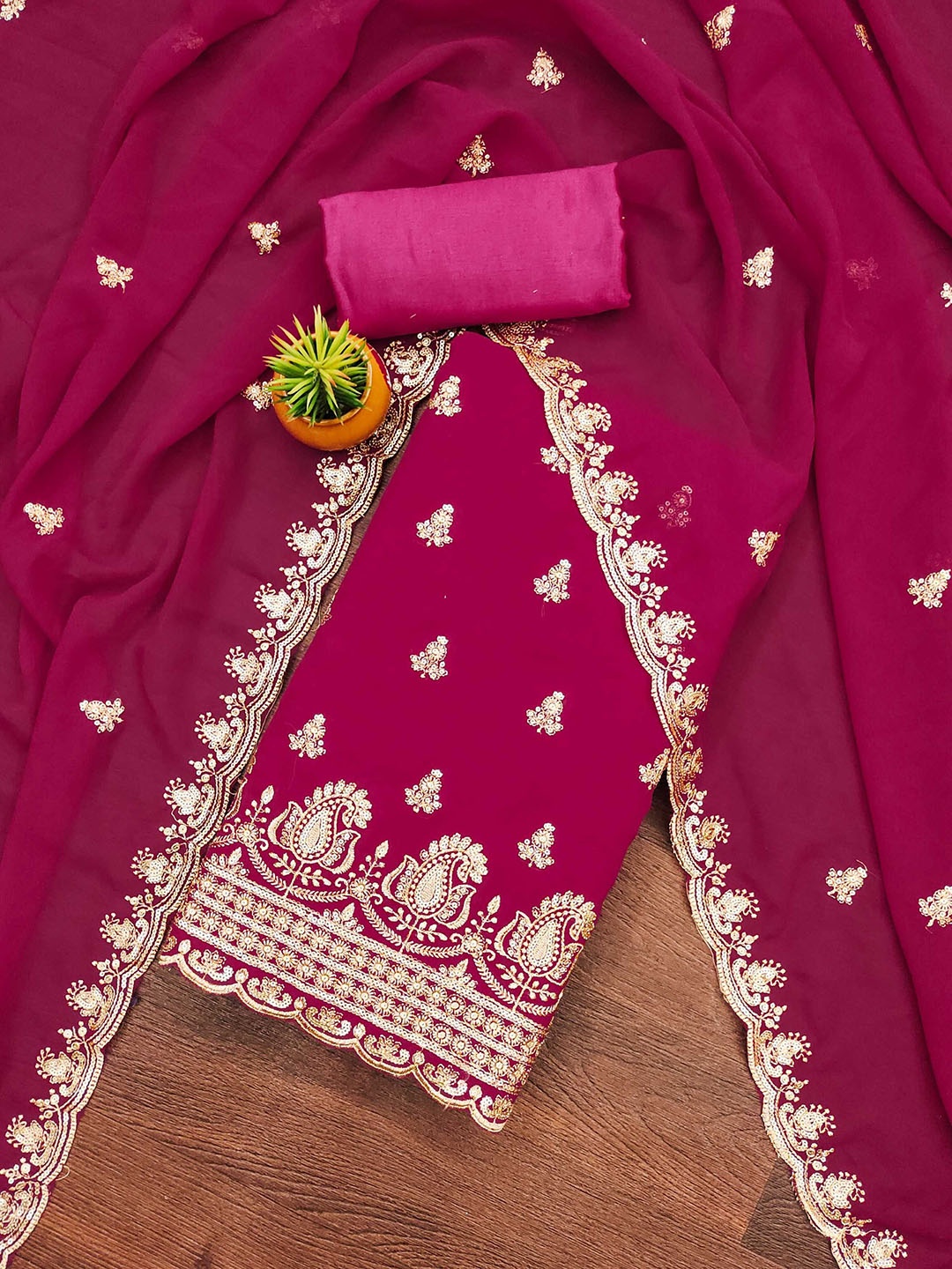 

Panzora Floral Embroidered Sequinned Georgette Unstitched Dress Material, Pink