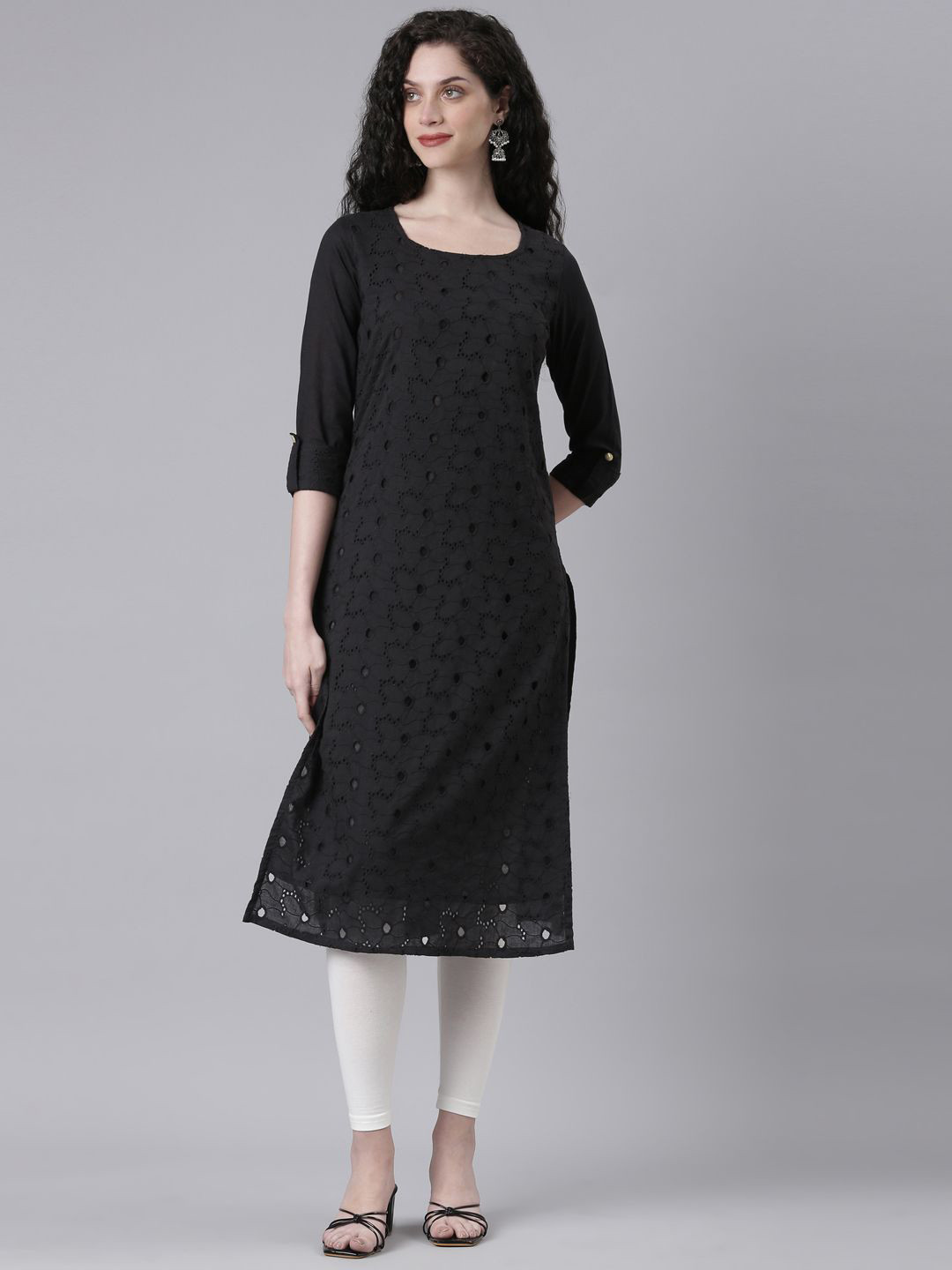 

Souchii Solid Schifflii Round Neck Pure Cotton Straight Kurta, Black