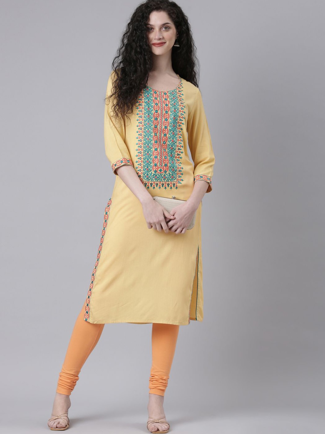 

Souchii Floral Embroidered Round Neck Straight Kurta, Yellow
