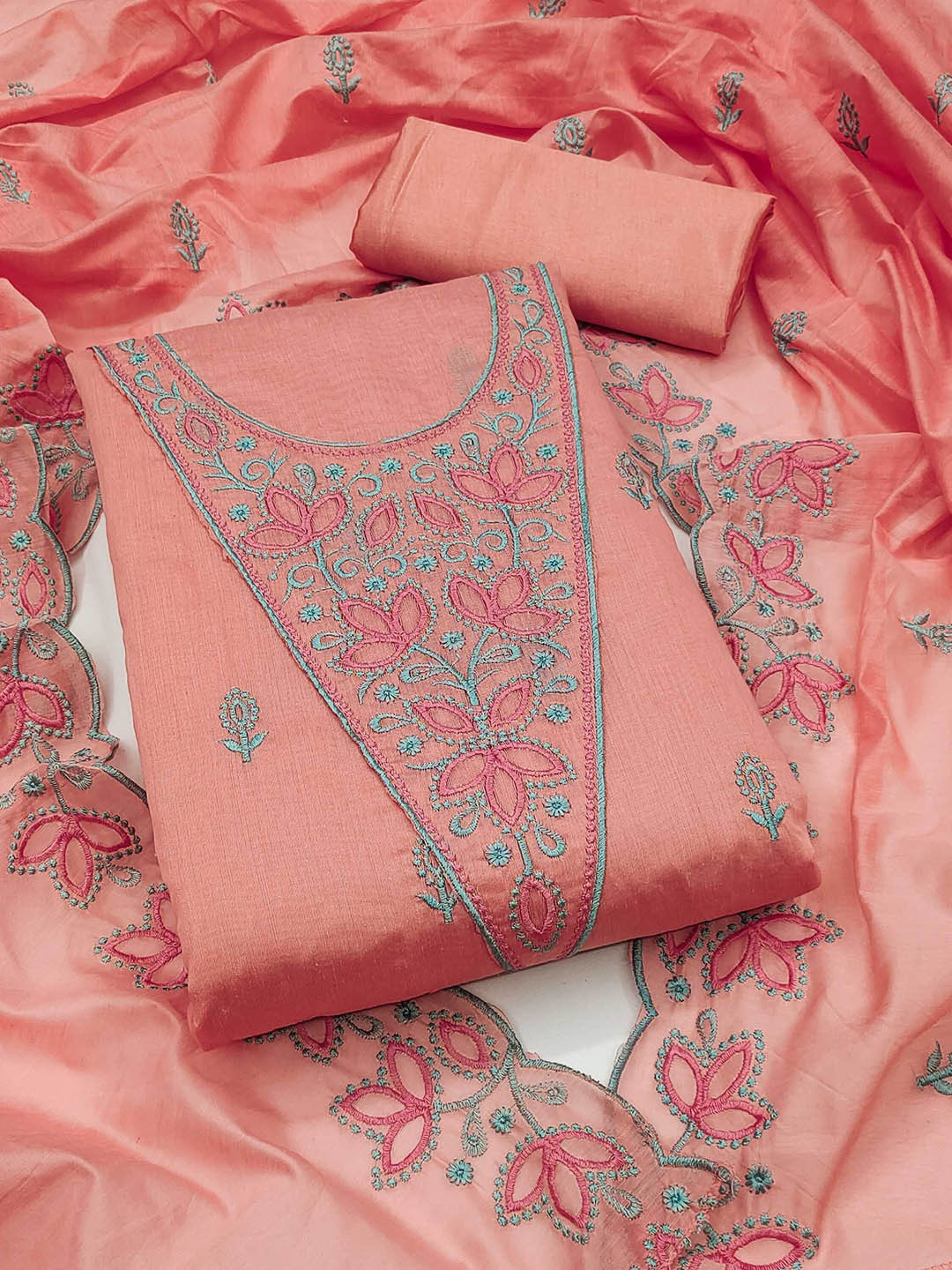 

Panzora Floral Embroidered Modal Chanderi Unstitched Dress Material, Peach
