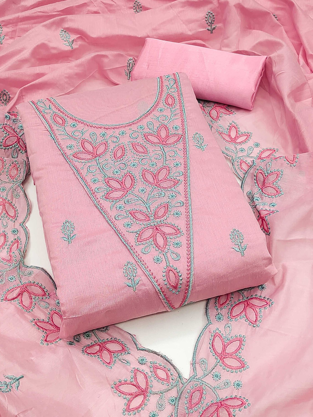 

Panzora Floral Embroidered Modal Chanderi Unstitched Dress Material, Pink