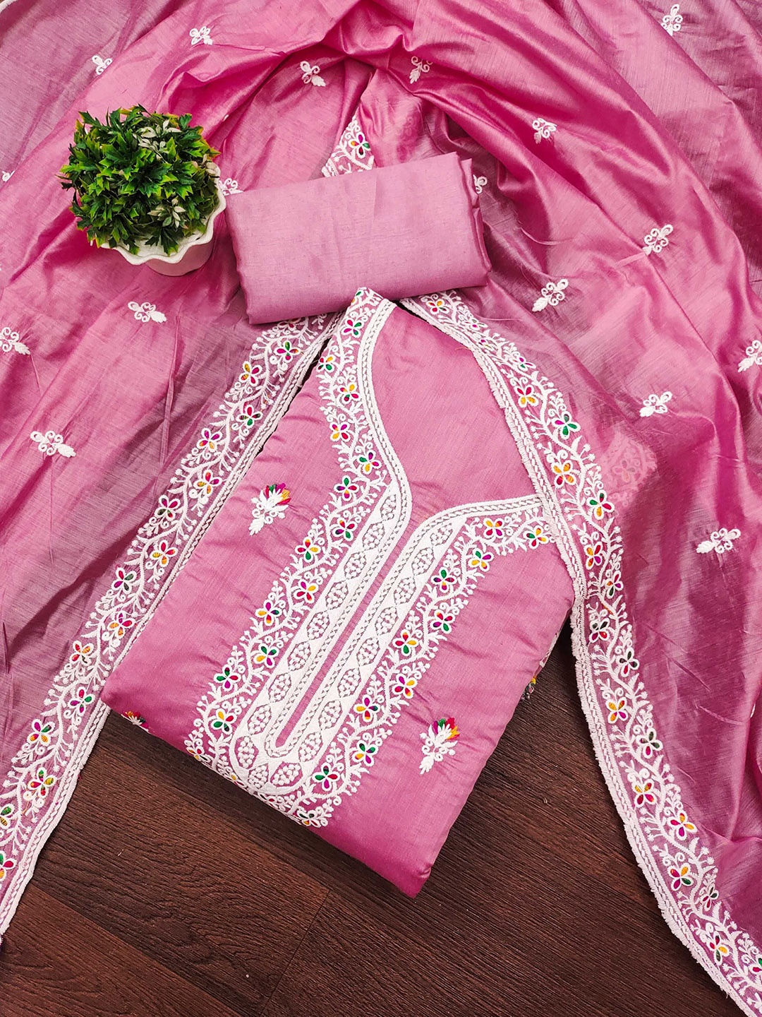 

Panzora Floral Embroidered Modal Chanderi Unstitched Dress Material, Pink