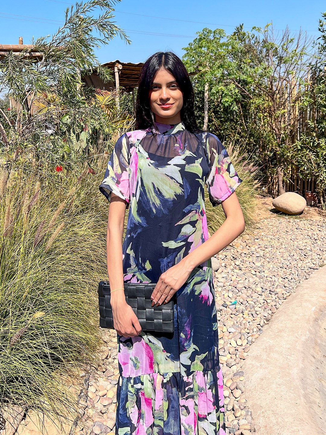 

Stylecast X Hersheinbox Abstract Printed High Neck Maxi Dress with Back Tie Up, Navy blue