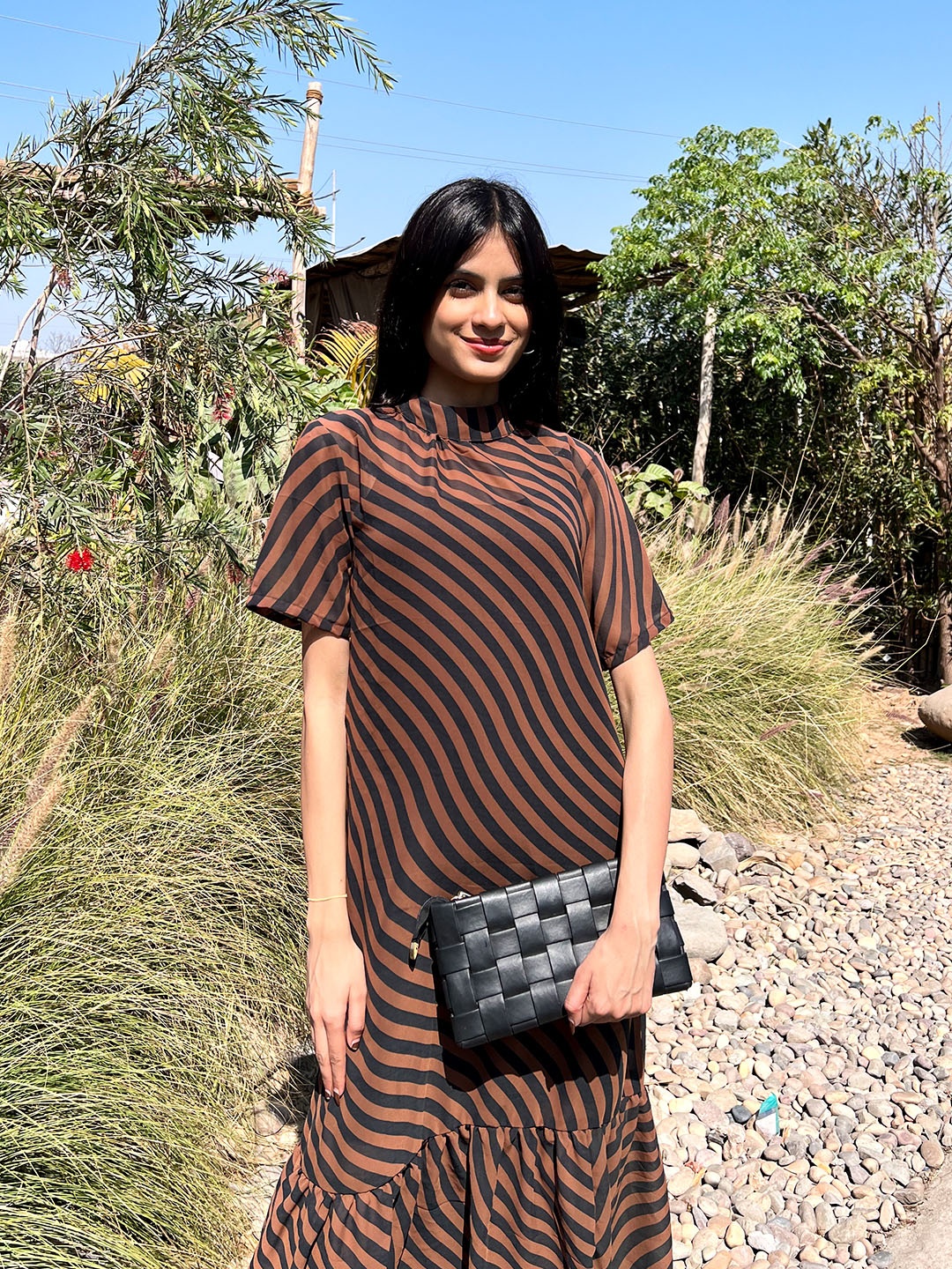 

Stylecast X Hersheinbox Striped High Neck Gathered or Pleated A-Line Maxi Dress, Black