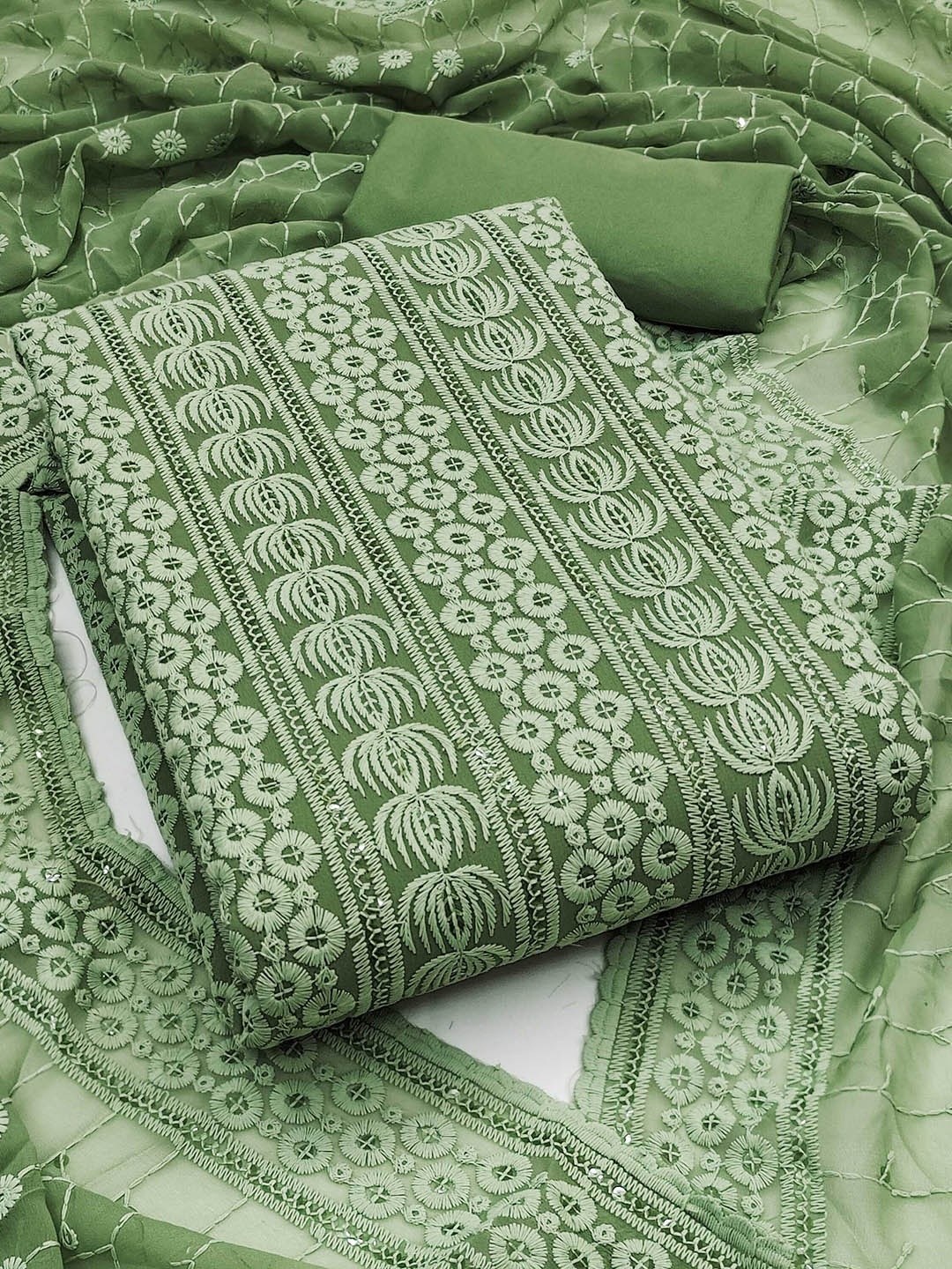 

Panzora Geometric Embroidered Sequinned Georgette Unstitched Dress Material, Green