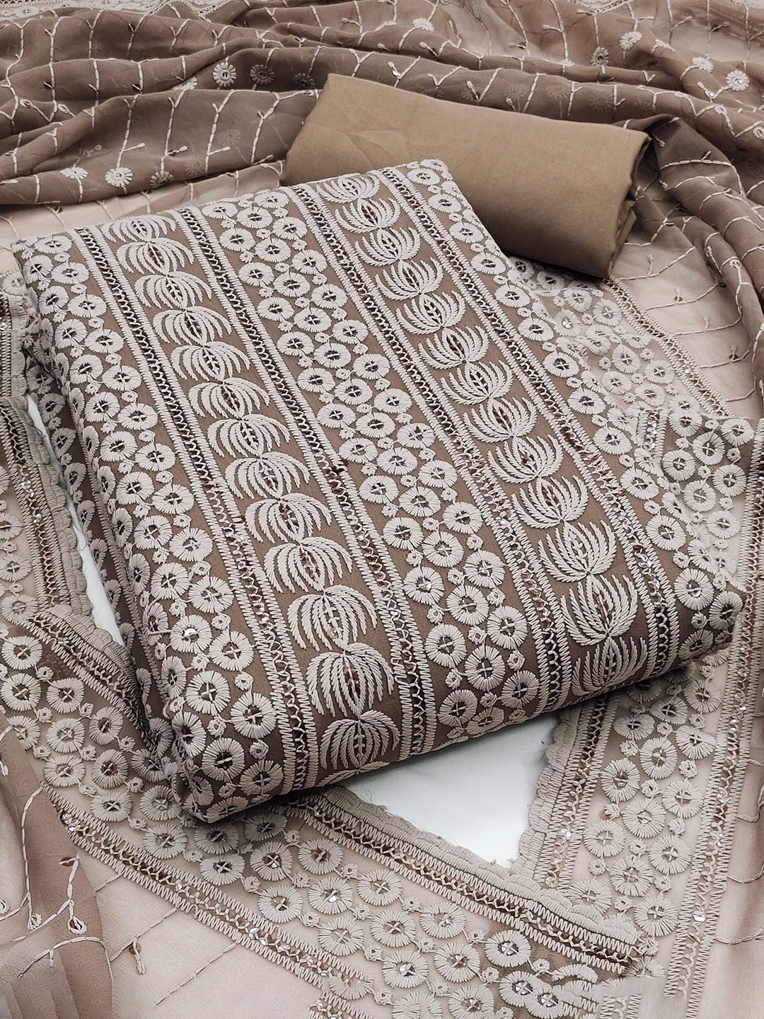 

Panzora Geometric Embroidered Sequinned Georgette Unstitched Dress Material, Brown