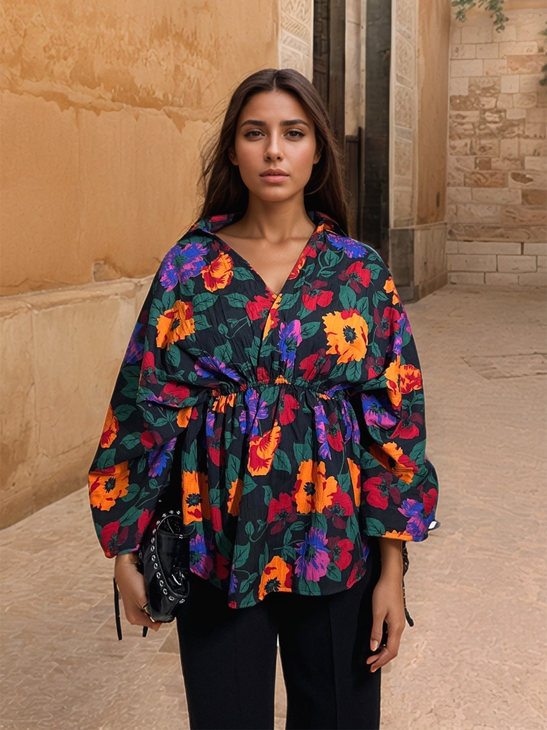

Stylecast X Hersheinbox Floral Printed Kimono Sleeve Cinched Waist Top, Multi