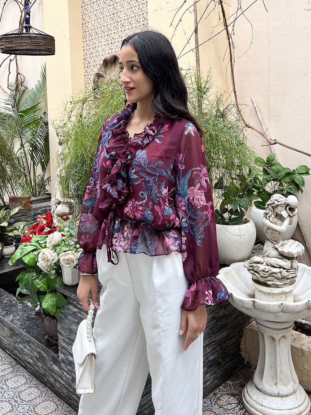 

Stylecast X Hersheinbox Floral Print Bell Sleeves Ruffled Detail Blouson Top, Maroon