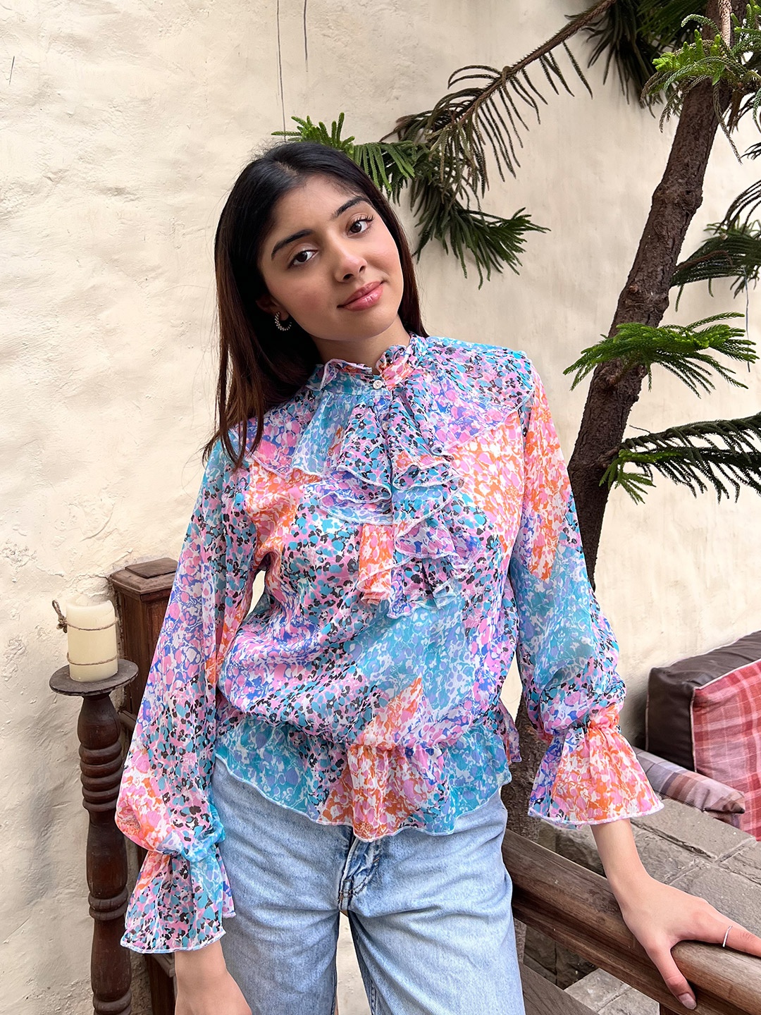 

Stylecast X Hersheinbox Abstract Print Bell Sleeves Ruffled Detail Blouson Top, Multi