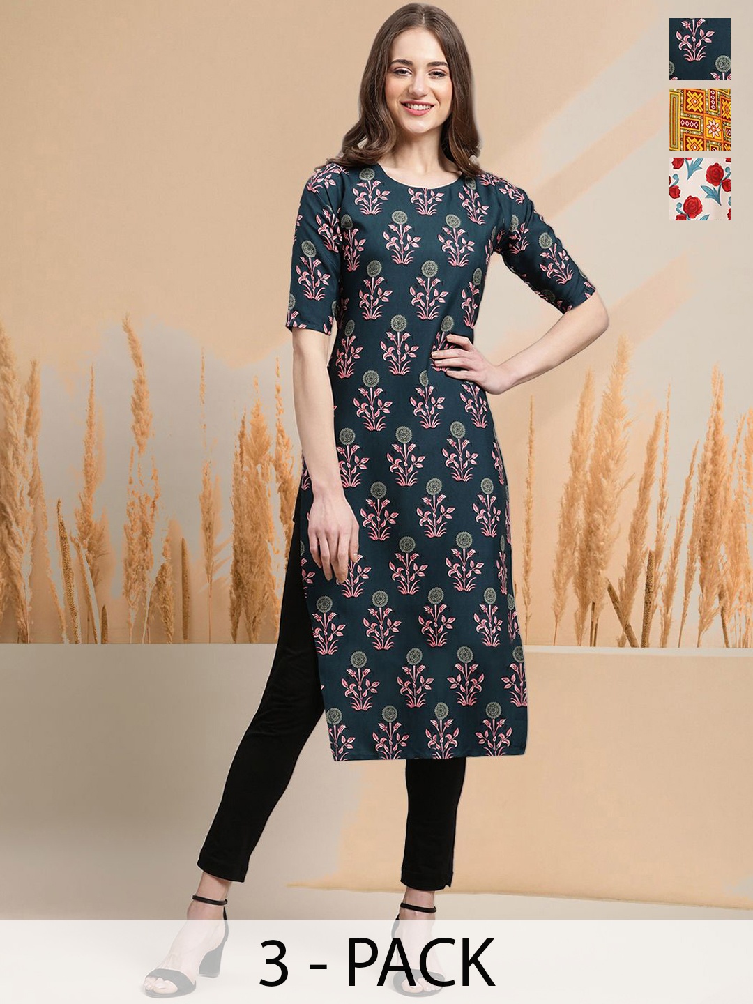 

7Threads Selection Of 3 Floral Printed Round Neck Straight Kurtas, Navy blue