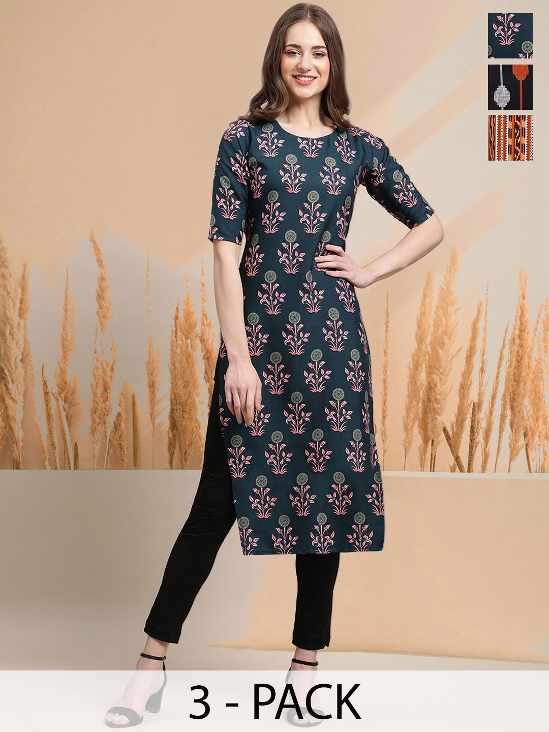 

7Threads Selection Of 3 Floral Printed Round Neck Kurta, Navy blue