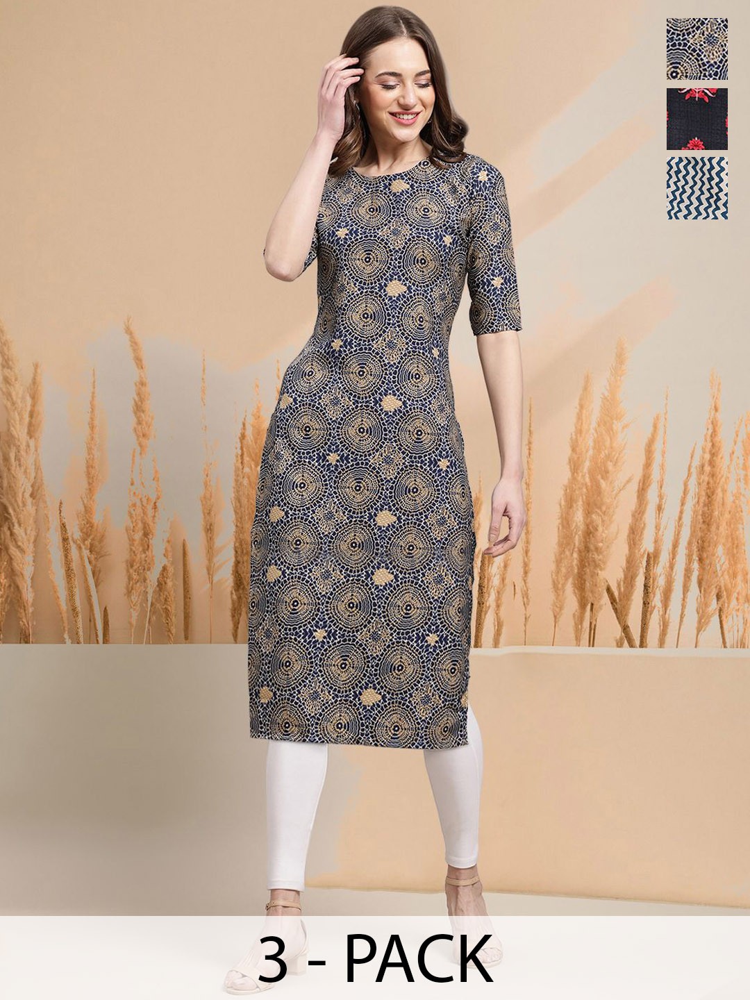 7Threads Selection Of 3 Floral Printed Round Neck Straight Kurtas, Blue