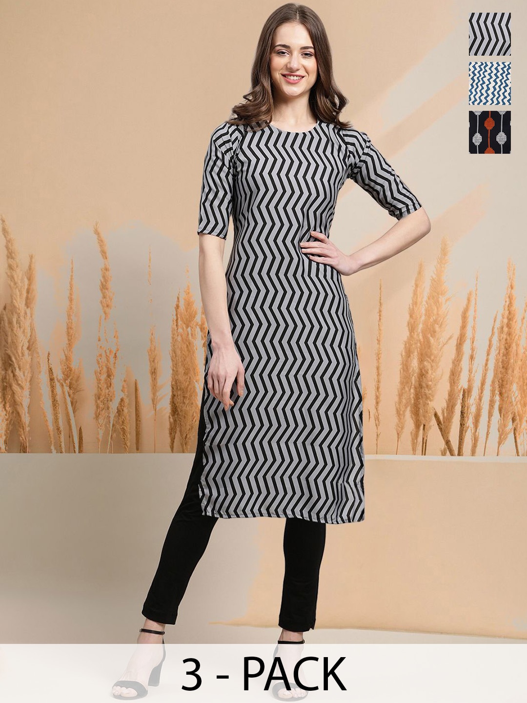 

7Threads Selection of 3 Striped Round Neck Straight Kurtas, Black