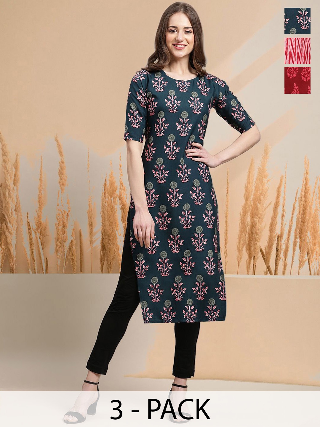 

7Threads Selection Of 3 Floral Printed Round Neck Straight Kurtas, Teal