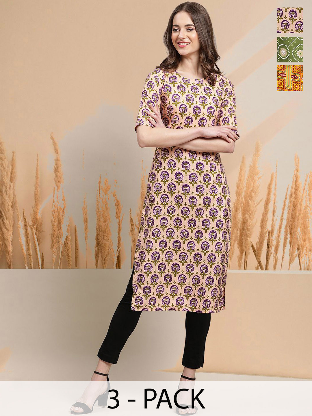 

7Threads Selection Of 3 Floral Printed Round Neck Straight Kurtas, Peach