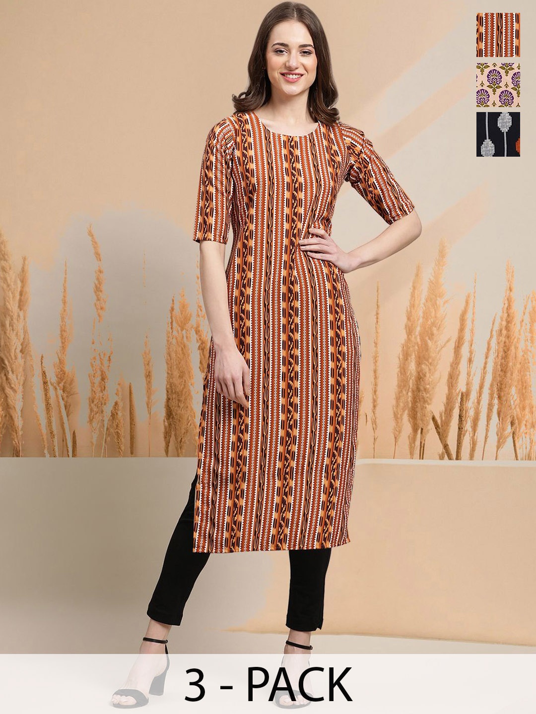 

7Threads Selection Of 3 Ethnic Motifs Printed Round Neck Straight Kurtas, Brown