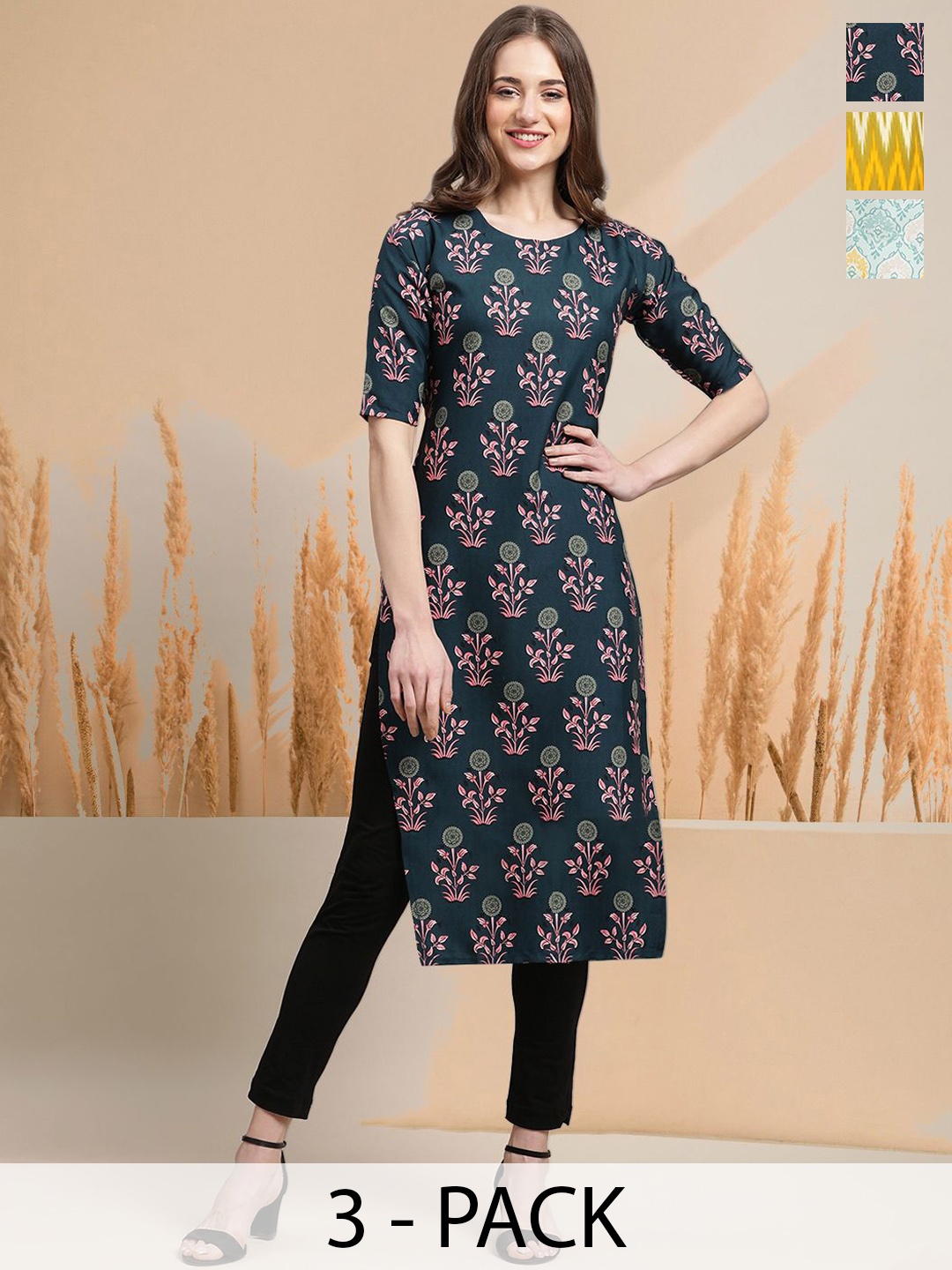 

7Threads Selection of 3 Floral Printed Round Neck Straight Kurtas, Green