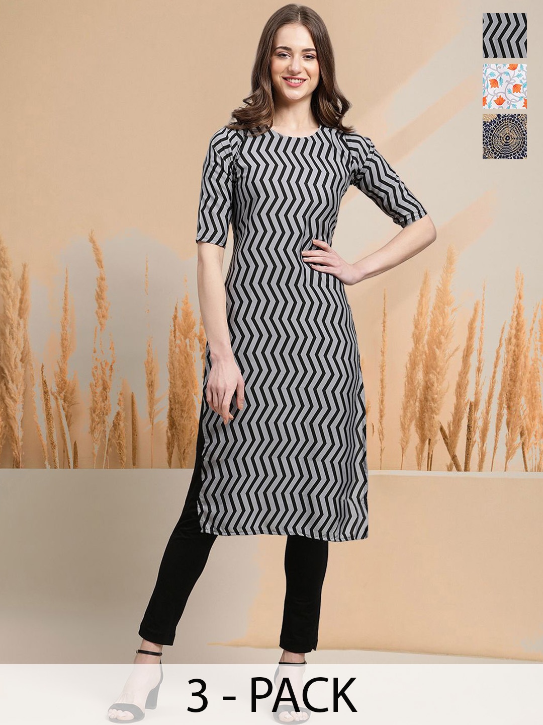 

7Threads Selection Of 3 Chevron Printed Round Neck Straight Kurtas, Black
