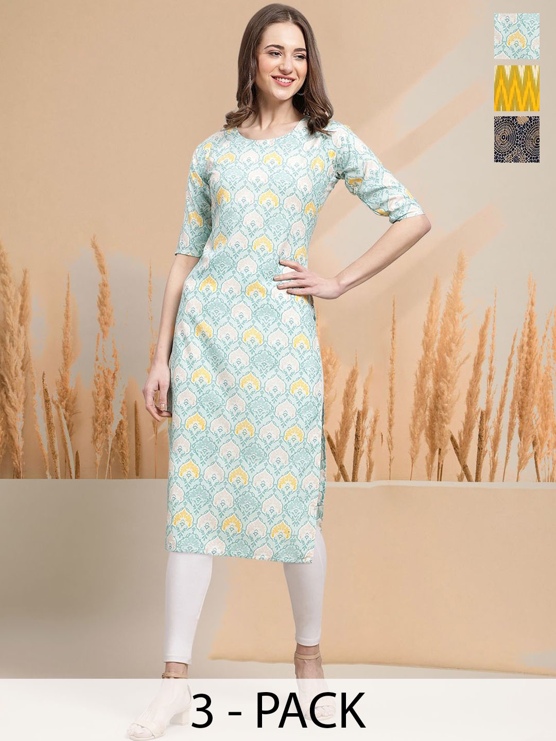 

7Threads Selection Of 3 Ethnic Motifs Printed Round Neck Kurtas, Blue