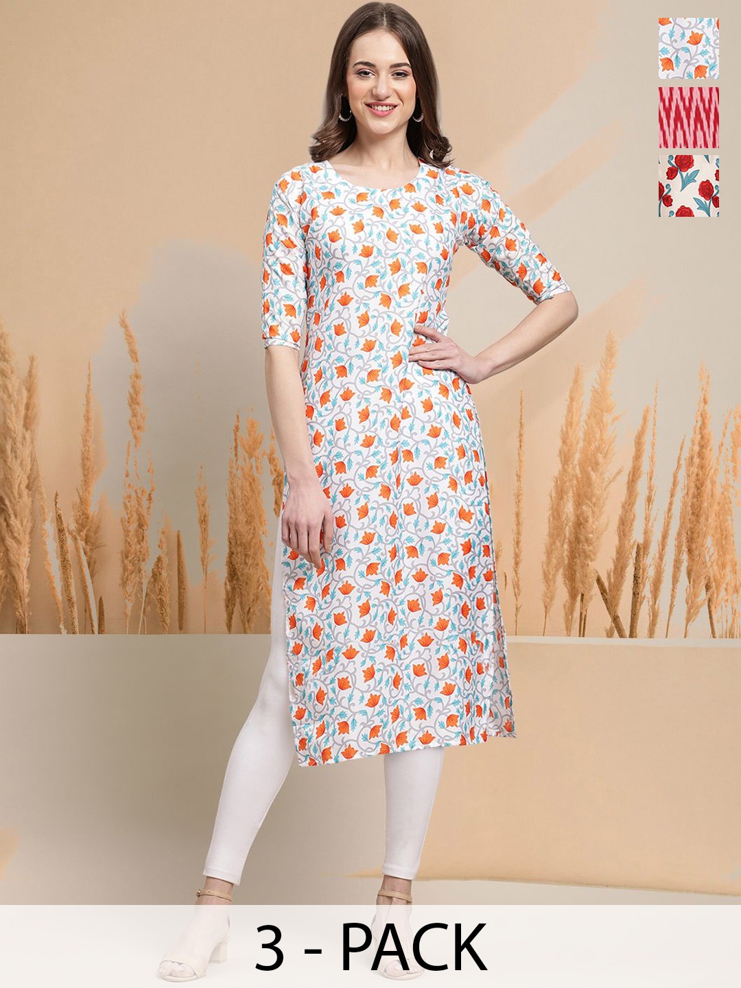 

7Threads Selection Of 3 Floral Printed Round Neck Straight Kurtas, White