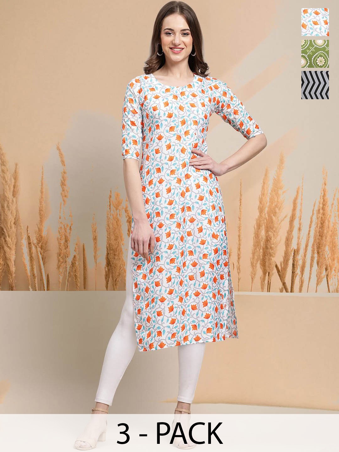 

7Threads Selection Of 3 Floral Printed Round Neck Straight Kurtas, White