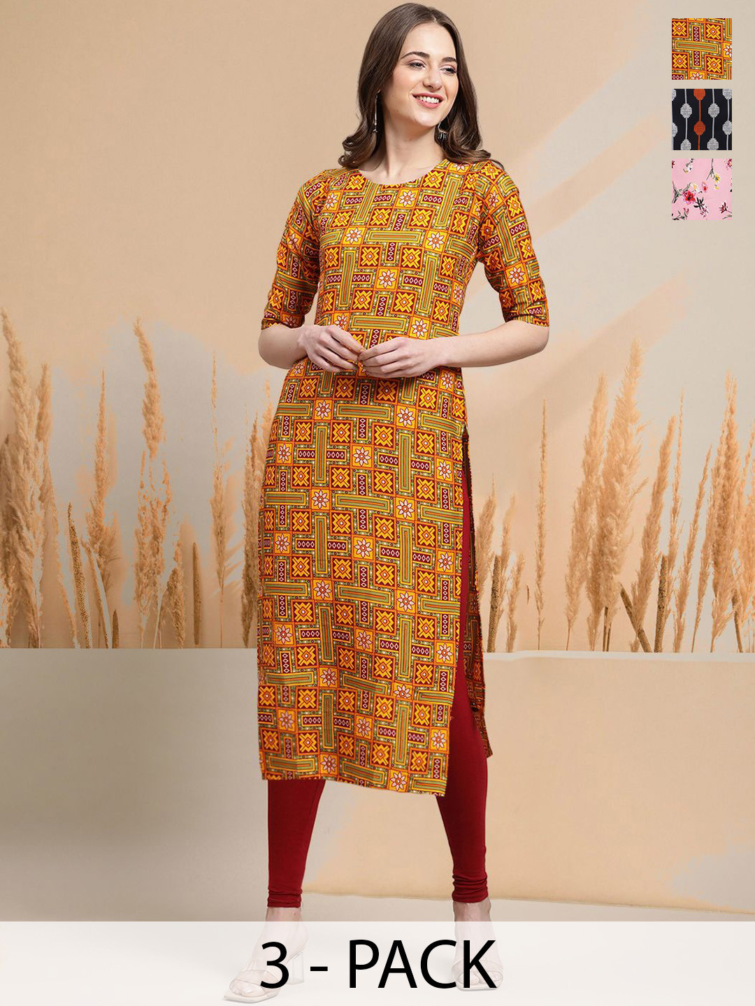 

7Threads Selection Of 3 Geometric Printed Straight Kurtas, Orange