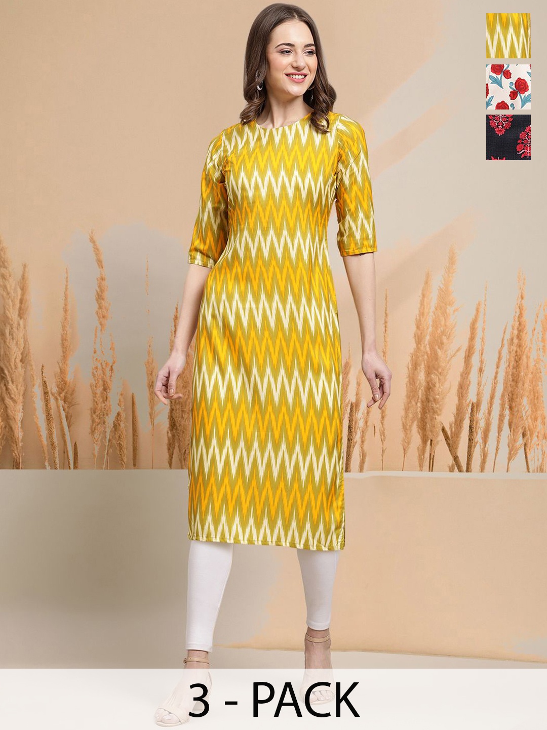 

7Threads Selection Of 3 Chevron Printed Round Neck Straight Kurtas, Yellow