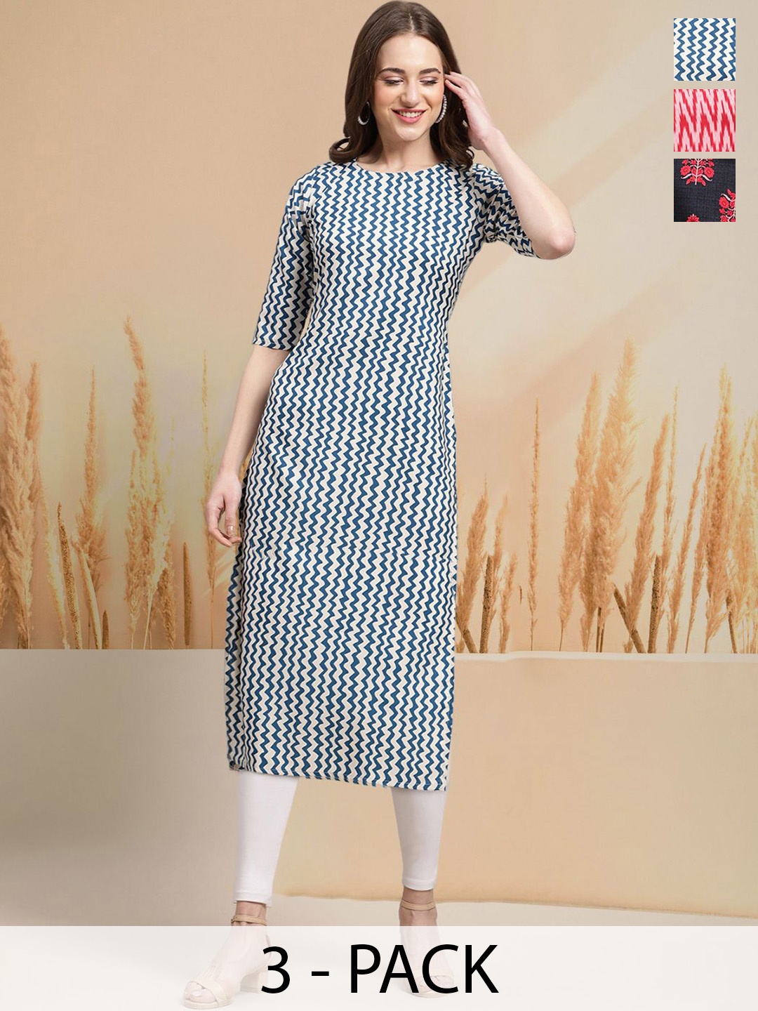 

7Threads Selection Of 3 Chevron Printed Round Neck Straight Kurtas, Beige