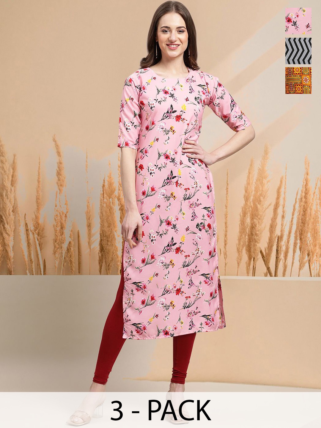 

7Threads Selection Of 3 Floral Printed Round Neck Straight Kurtas, Pink