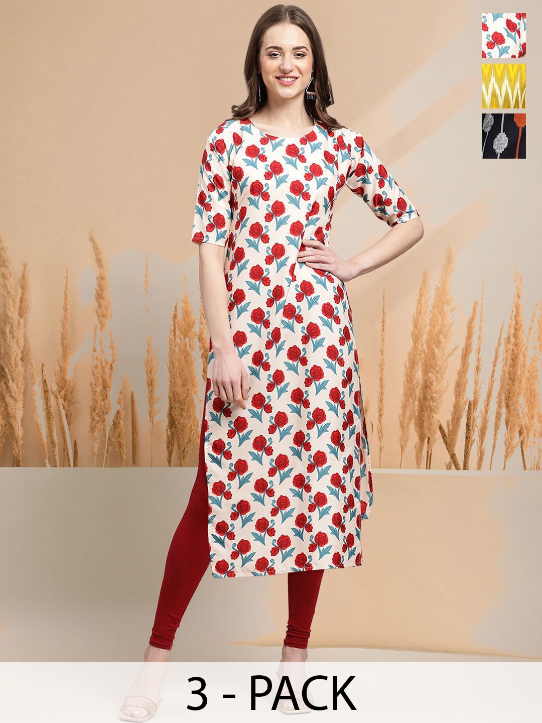 7Threads Selection of 3 Floral Printed Round Neck Straight Kurtas, White