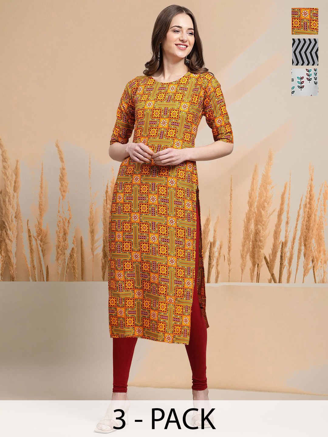 

7Threads Selection Of 3 Ethnic Motifs Printed Round Neck Straight Kurtas, Yellow