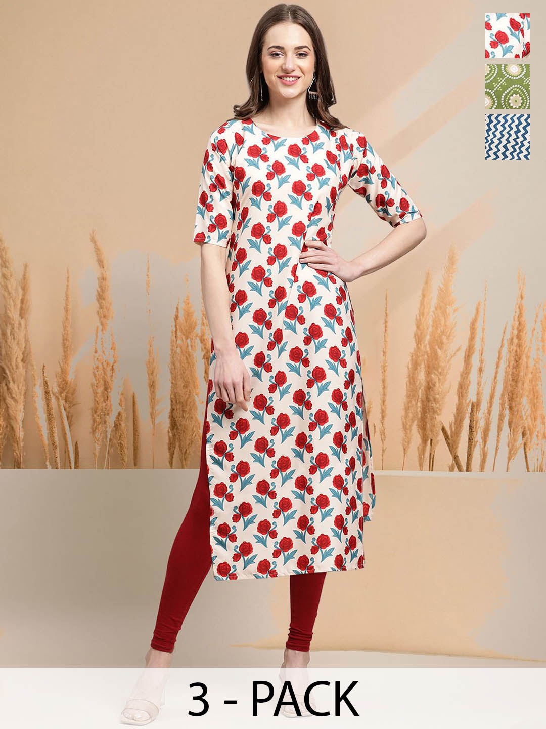 

7Threads Selection of 3 Floral Printed Round Neck Straight Kurtas, White
