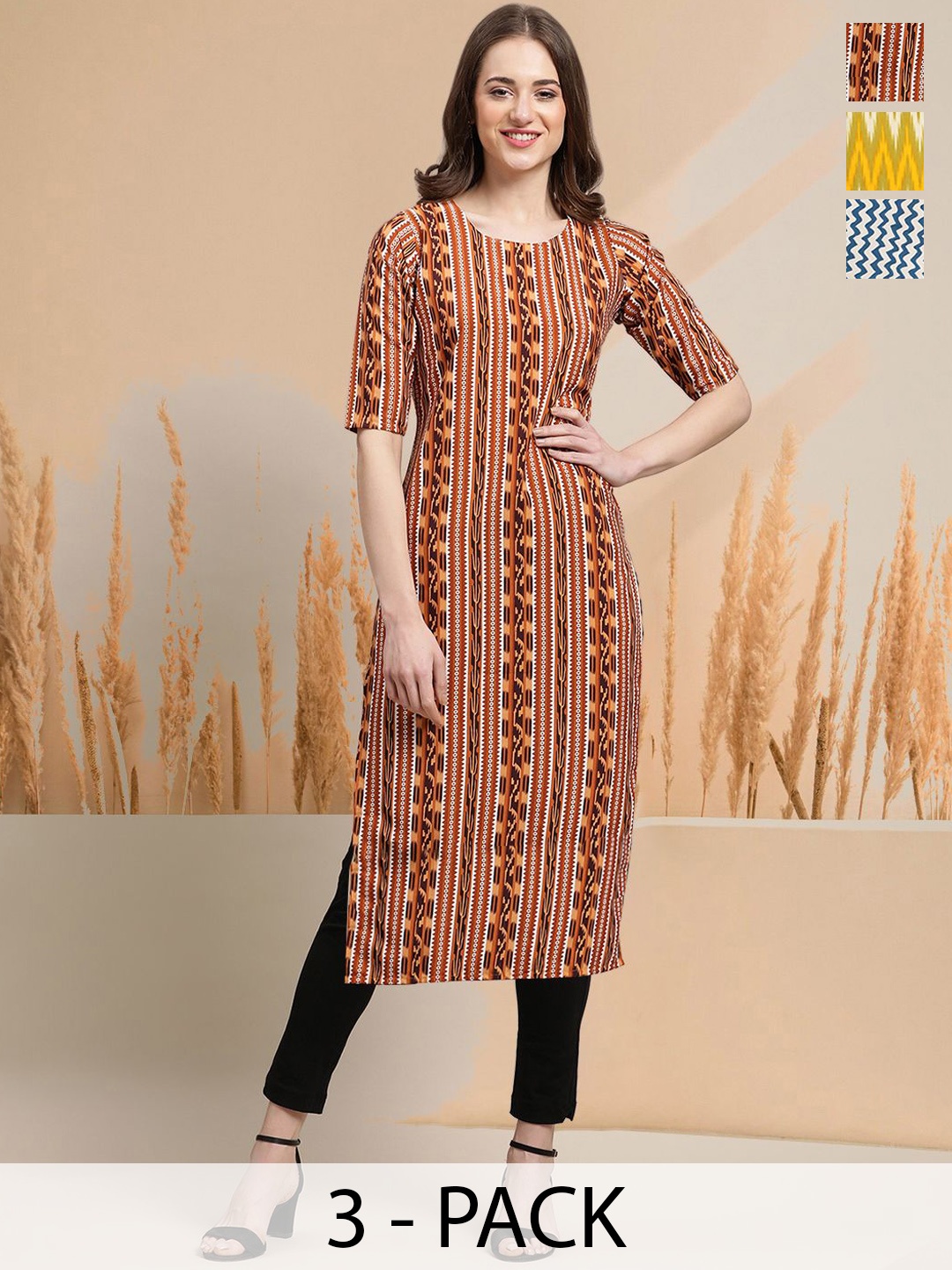 

7Threads Selection of 3 Geometric Printed Round Neck Straight Kurtas, Brown