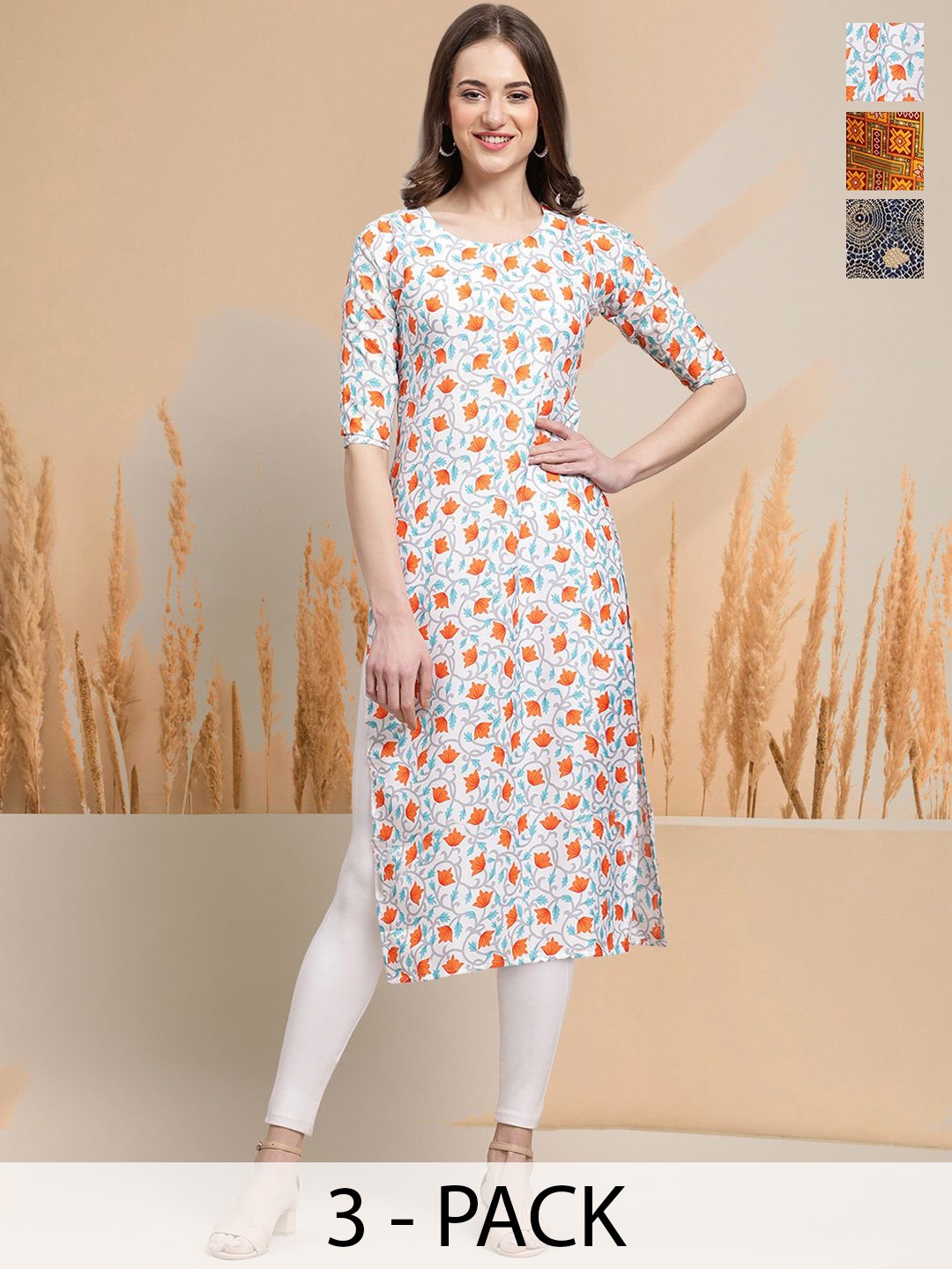 

7Threads Selection Of 3 Floral Printed Round Neck Straight Kurtas, White